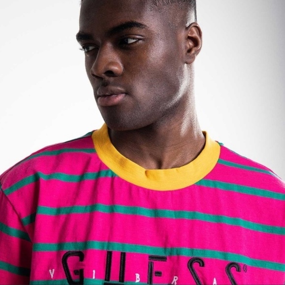 Guess x J Balvin Tee Short Sleeve Crew neckline Stripes Pink Green Yellow Sz M - Picture 7 of 11